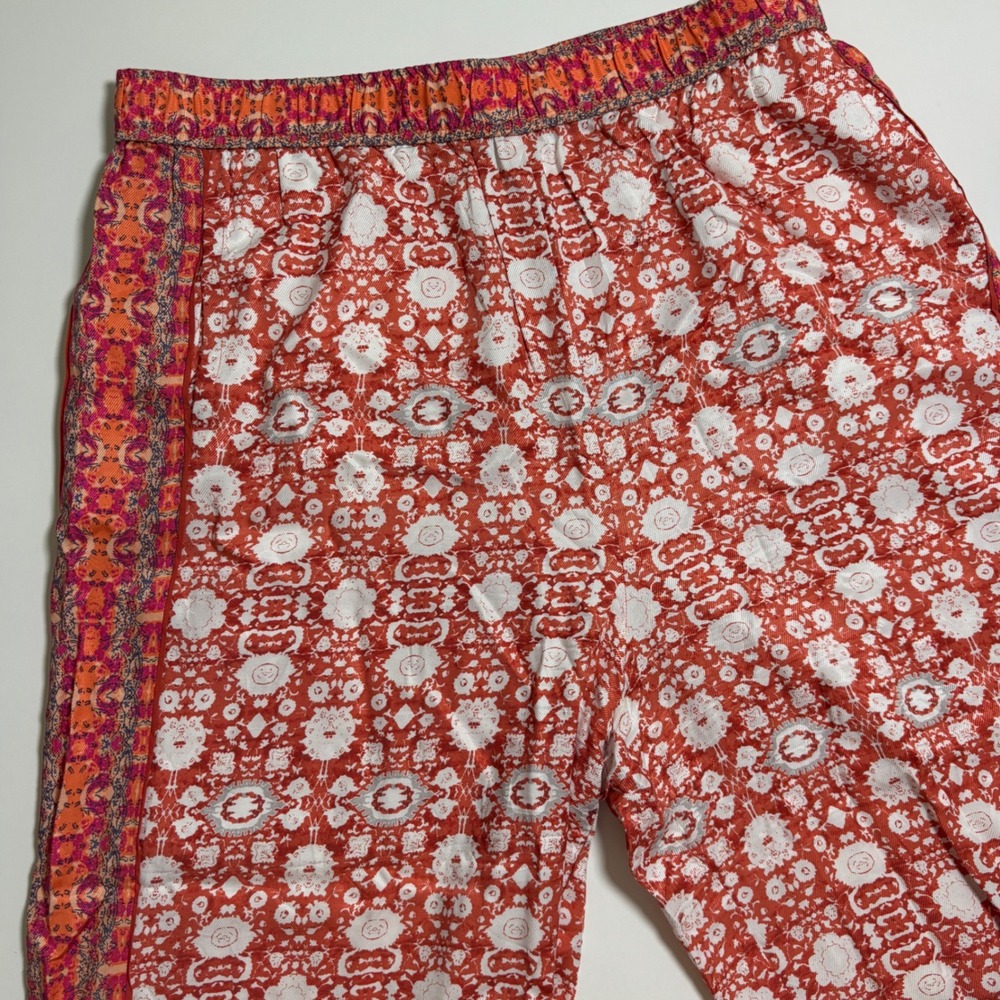 Anthropologie Vale Satiny Wide Leg Boho Pants Womans L Yoga Orange Printed